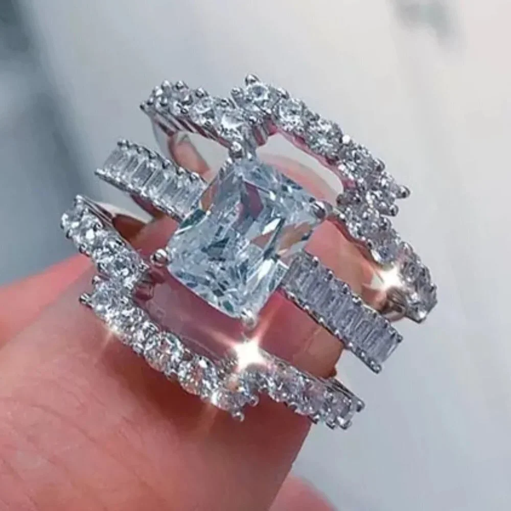 😍3pcs/set Engagement Radiant Cut Silver Wedding Ring Set for Women, L259